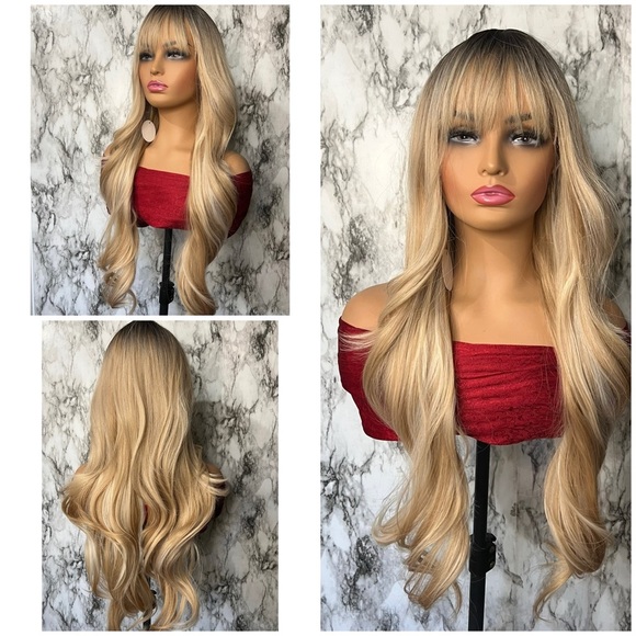 30 Inch Ombre brown hair roots  Gradual Blonde Wavy   With bangs - Picture 1 of 12